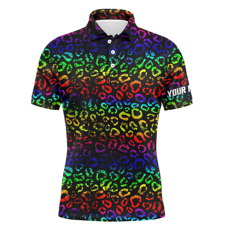 Custom Golf Men Polo Shirt - Custom Name Colorful Neon Rainbow Leopard Pattern Apparel - Personalized Gift For Golf Lover, Team, Husband, Boyfriend, Men