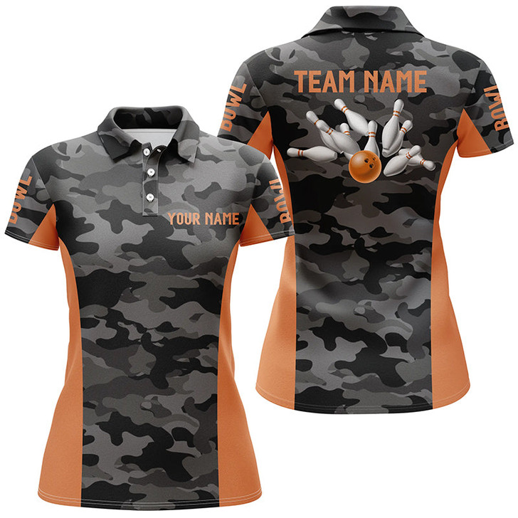 Custom Women Bowling Polo Shirts Custom Gray Camo Bowling Team Jersey, Bowling Team League Shirt | Orange Nqs6149