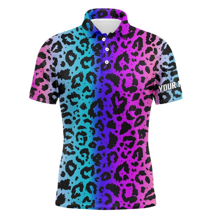 Custom Golf Men Polo Shirt - Custom Name Colorful Neon Gradient Leopard Pattern Apparel - Personalized Gift For Golf Lover, Team, Husband, Boyfriend, Men