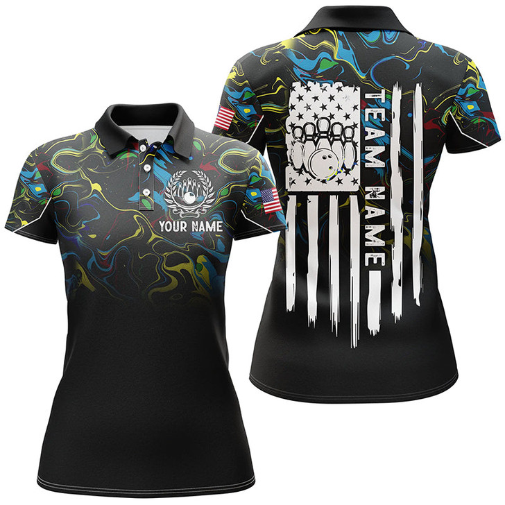 Custom Colorful Camo Women Bowling Polo Shirt Custom American Flag Patriotic Bowling Team League Jerseys Nqs7368