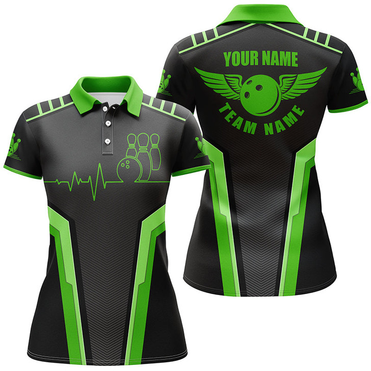 Custom Personalized 3d Bowling Shirt For Women, Custom Black Green Short Sleeve Polo Bowling Heartbeat Shirts Nqs4599