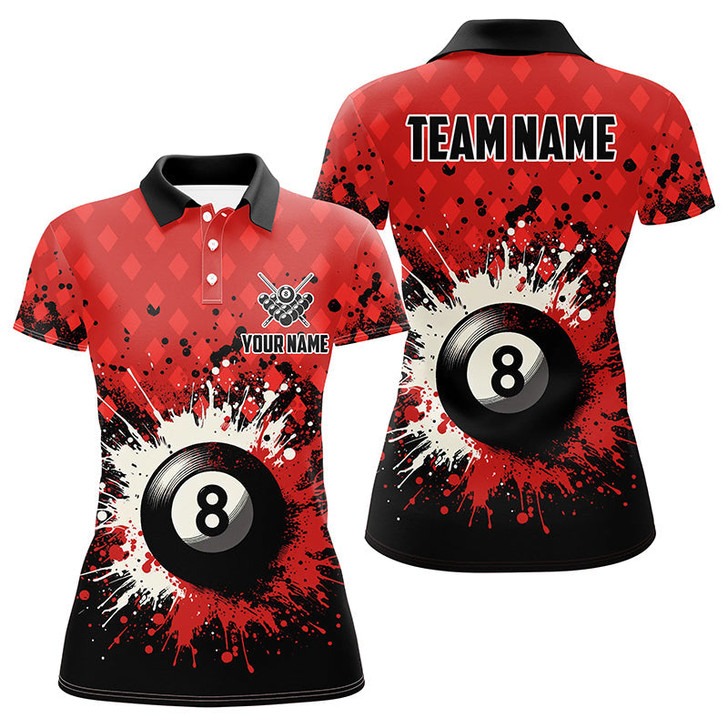 Custom Personalized Red Grunge 8 Ball Pool Women Billiards Polo Shirts Custom Billiard Team Jerseys Uniform TDM1183