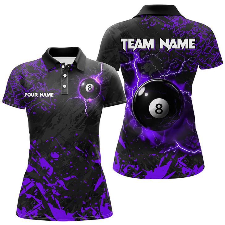 Custom Purple Grunge 8 Ball Pool Thunder Lightning Women Polo Shirts Custom Team League Billiard Jersey TDM1485