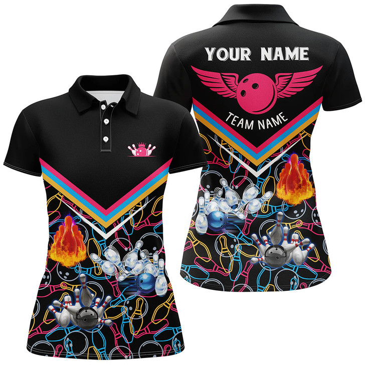 Custom Personalized 3d Bowling Shirts For Women, Custom Black Short Sleeve Polo Bowling Shirts For Girls Nqs5385