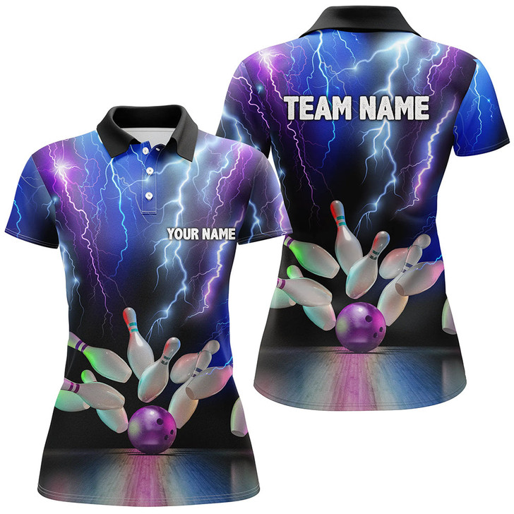 Custom Women Bowling Polo Shirts Colorful Lightning Thunder Storm Bowling Team League Jerseys Nqs7093