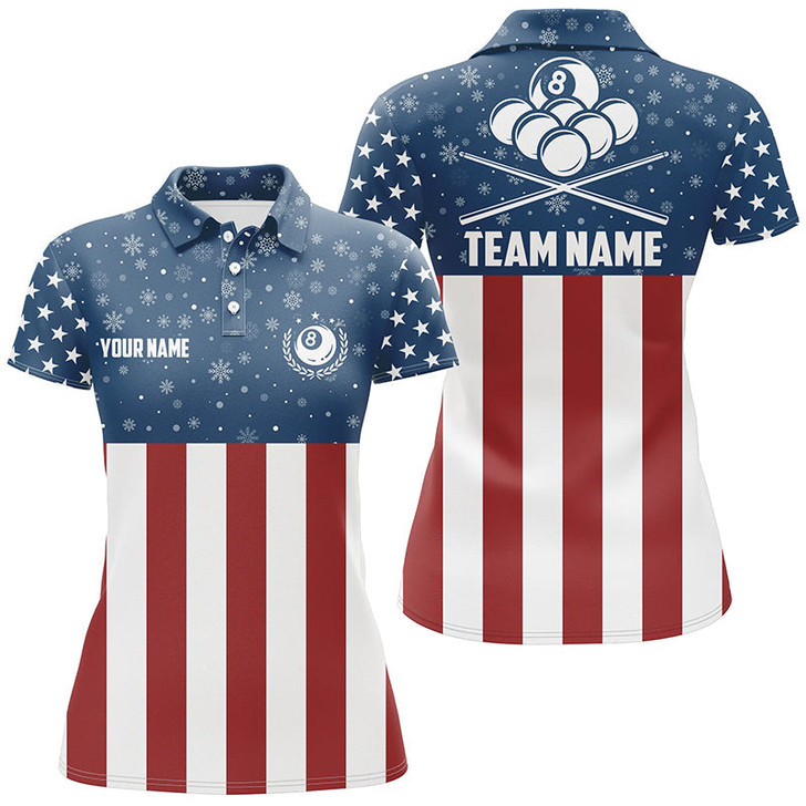 Custom Us Flag Christmas Snowflakes Pattern Custom Billiard Women Polo Shirts, Patriotic Christmas Shirts TDM0612