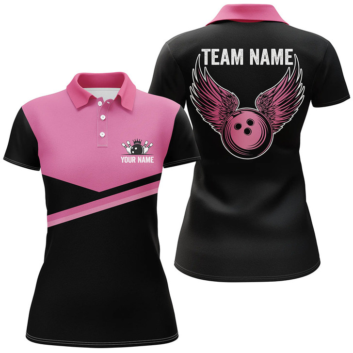 Custom Black And Pink Women Bowling Polo Shirts Custom Team Bowling Jerseys, Gift For Bowlers Nqs7407