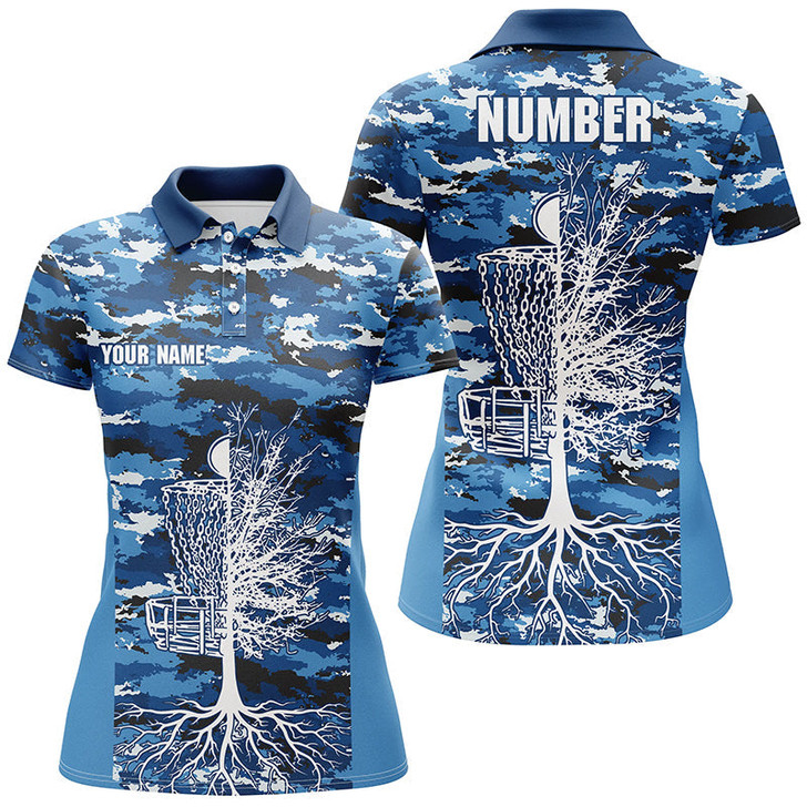 Custom Blue Camo Womens Disc Golf Polo Shirts, Custom Camouflage Golf Shirts For Women, Disc Golf Gifts LDT0093