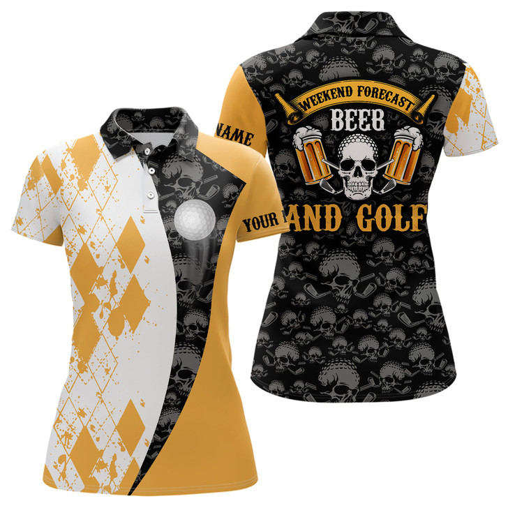 Custom Weekend Forecast Beer & Golf Argyle Pattern Skull Golf Polo Shirt Beer Golf Shirts For Women LDT0537