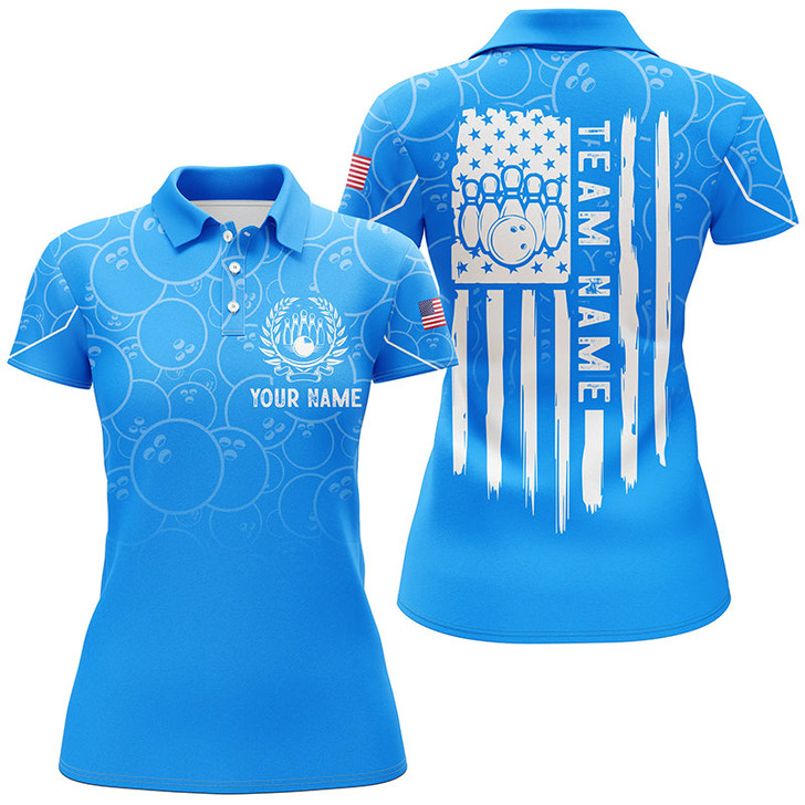 Custom Blue Bowling Camo Women Bowling Polo Shirt Custom American Flag Patriotic Bowling Team League Jerseys Nqs7215