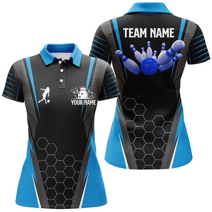 Custom Black Women's Polo Bowling Shirt Custom Name Ladies Bowlers Jersey, team bowling outfits | Blue NQS6133