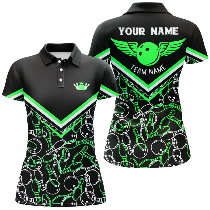 Custom Personalized 3d Bowling Shirts For Women, Custom Black Green Short Sleeve Polo Bowling Shirt For Girls Nqs4708
