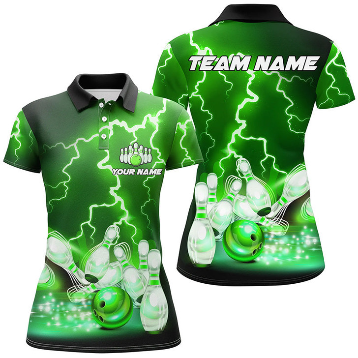 Custom Women bowling polo shirts Custom green lightning thunder Bowling Team Jersey, gift for team Bowlers TTV151