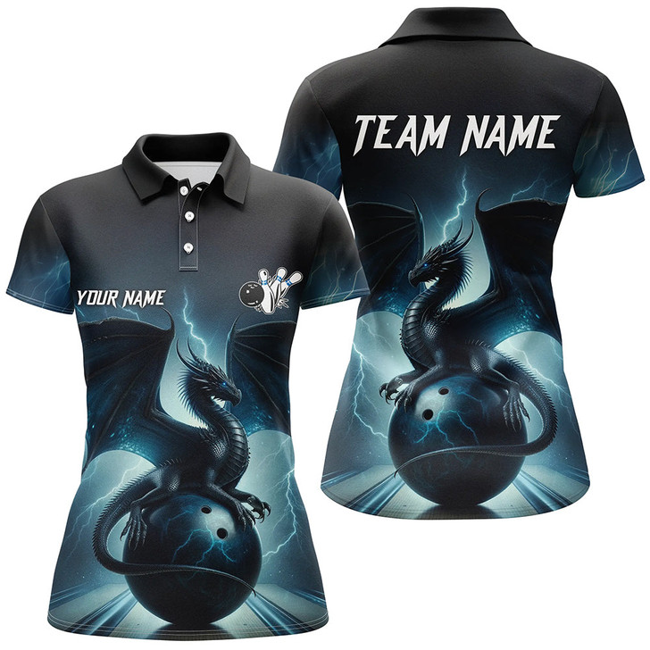 Custom Dark Blue Lightning Thunder Custom Dragon Women bowling polo shirts, Team Bowling League Jerseys NQS7228