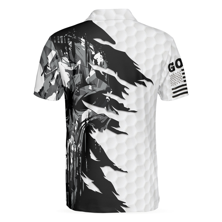Men Polo Shirt - Black & White Ripped Vintage Golfing Clubs Skull Camouflage Polo Shirt, American Flag Polo Shirt, Camo Golf Shirt For Men