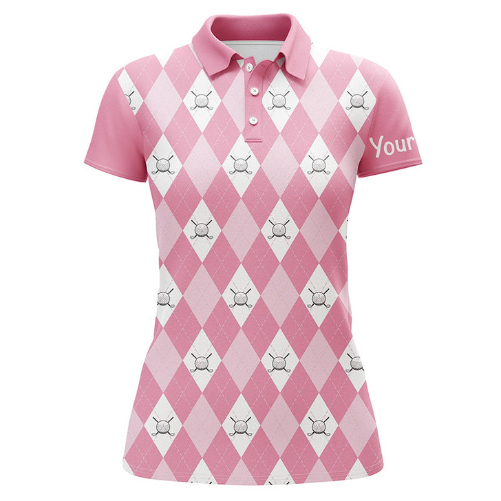 Custom Pink Argyle Plaid Pattern Womens Golf Polos Shirts Custom Golf Shirts For Women, Ladies Golf Polo Nqs5156