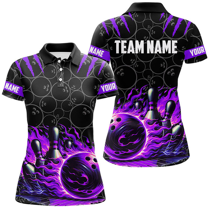 Custom Bowling Polo, Quarter Zip Shirt For Women Custom Black Purple Flame Bowling Shirt, Team Bowling Jersey Nqs7671