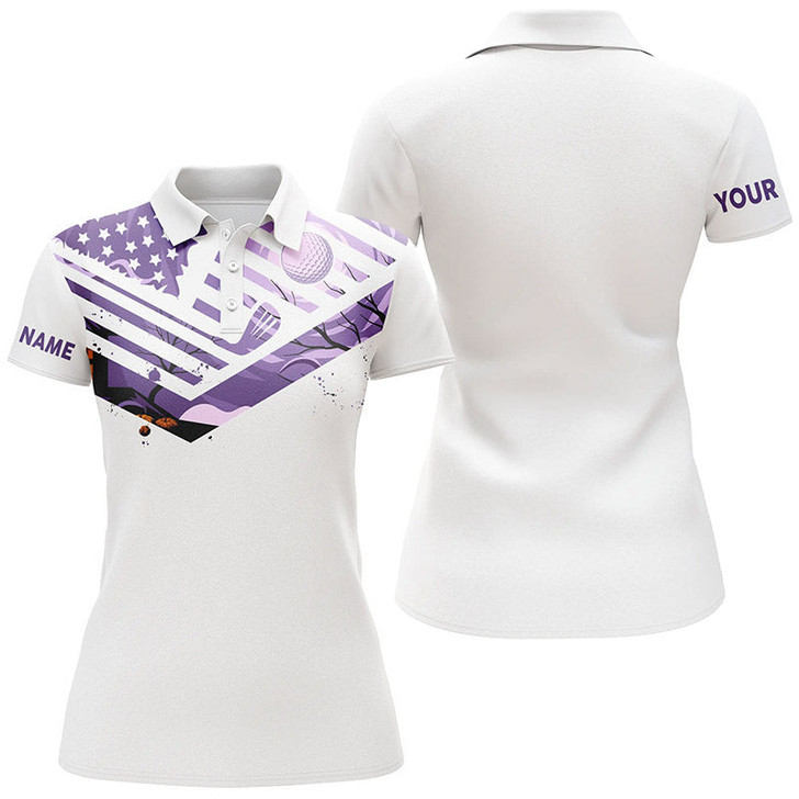 Custom Womens Golf Polo Shirt Purple American Flag Custom Halloween White Golf Shirt Nqs6364