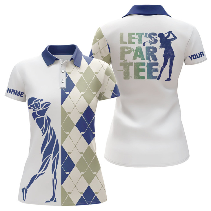 Custom Blue And White Golf Shirt Argyle Pattern Golf Clubs Custom Name Womens Golf Polo Shirts Let's Par Tee Nqs8078