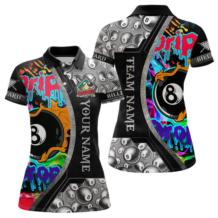 Custom 8 Ball Billiard Drip And Drop Personalized Polo Shirts For Women, Custom Billiard Balls Shirts TDM0119