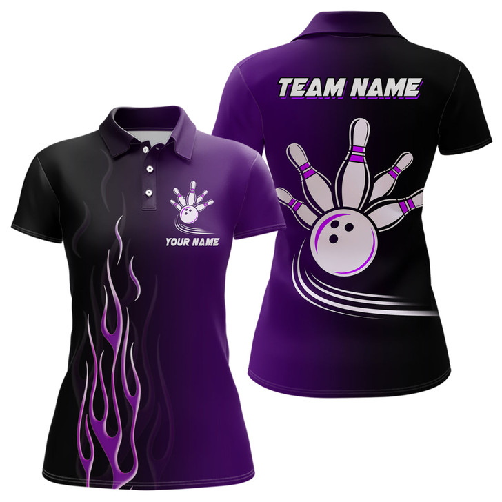 Custom Gradient Black Purple Bowling League Jerseys Custom Women Bowling Polo Shirts, Gifts For Bowling Team Nqs7056