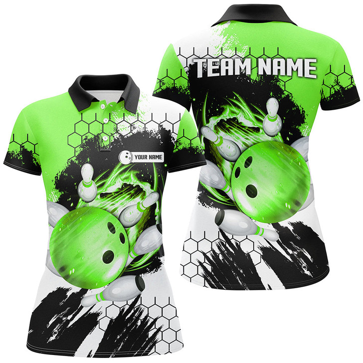 Custom Green Flame Bowling Ball And Pins Jerseys Custom Team League Bowling Polo Shirts For Women Nqs7163