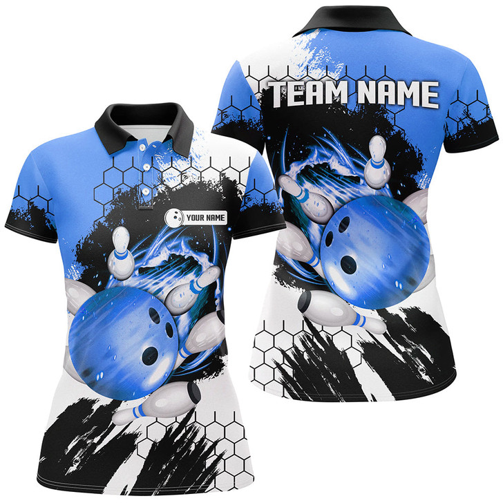 Custom Blue Flame Bowling Ball And Pins Jerseys Custom Team League Bowling Polo Shirts For Women Nqs7162