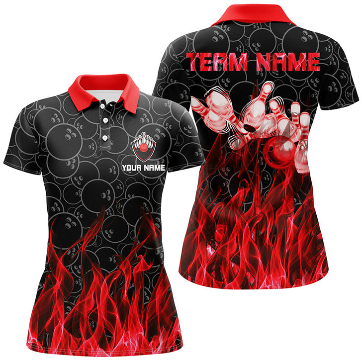 Custom Red Flame Womens Bowling Polo Shirt Black Camo Bowling Jerseys Personalized Bowling Team Shirts Nqs6739