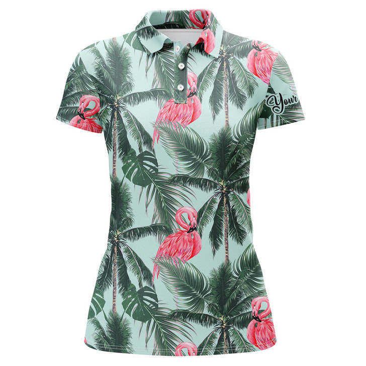 Custom Women Golf Polo Shirt With Pink Flamingos Tropical Palm Leaves Custom Team Golf Polo Shirts Nqs3712