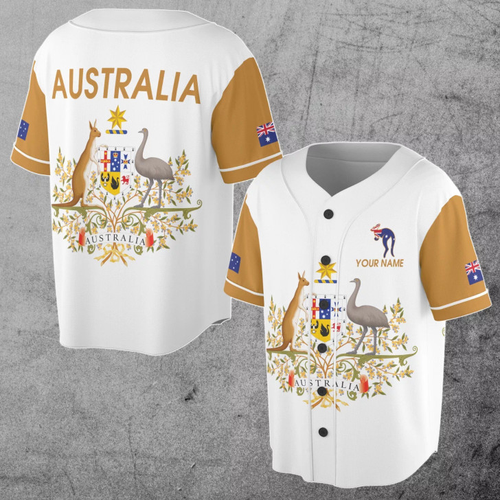 Customize Name Australia Flag Coat of Arms White 3D Baseball Jersey Size S-5XL