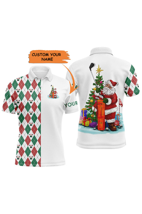 Custom Golf Men Polo Shirt - Funny Santa Golfer Christmas Golf Ball Pattern Custom Name Apparel - Personalized Gift For Golf Lover, Team, Husband, Men