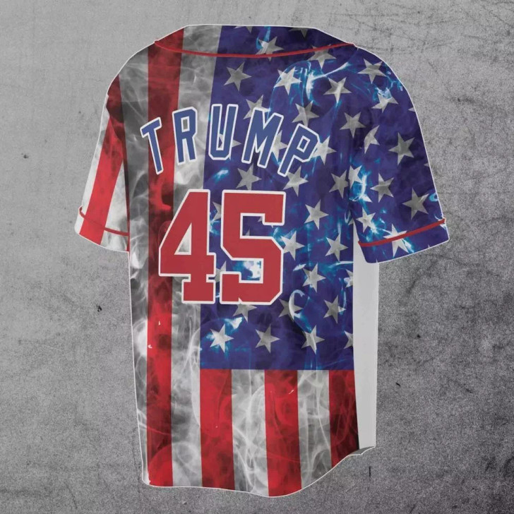 SAKE!! Donald Trump #45 Pro Trump Smoke American Flag Baseball Jersey July 2024