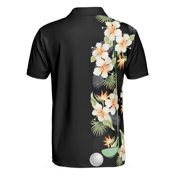 Floral Golf Club And Ball Men Polo Shirt, Wild Floral And Leaves Golfing Polo Shirt, Tropical Golf Shirt For Men