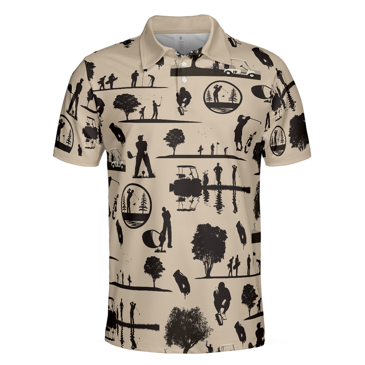 Beige Vintage Silhouette Golfers All Over Print Men Polo Shirt, Cream Polo Shirt, Best Golf Shirt For Men, Golf Gift Idea For Golfers