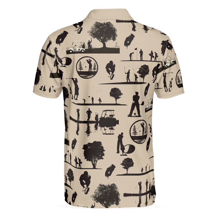 Beige Vintage Silhouette Golfers All Over Print Men Polo Shirt, Cream Polo Shirt, Best Golf Shirt For Men, Golf Gift Idea For Golfers