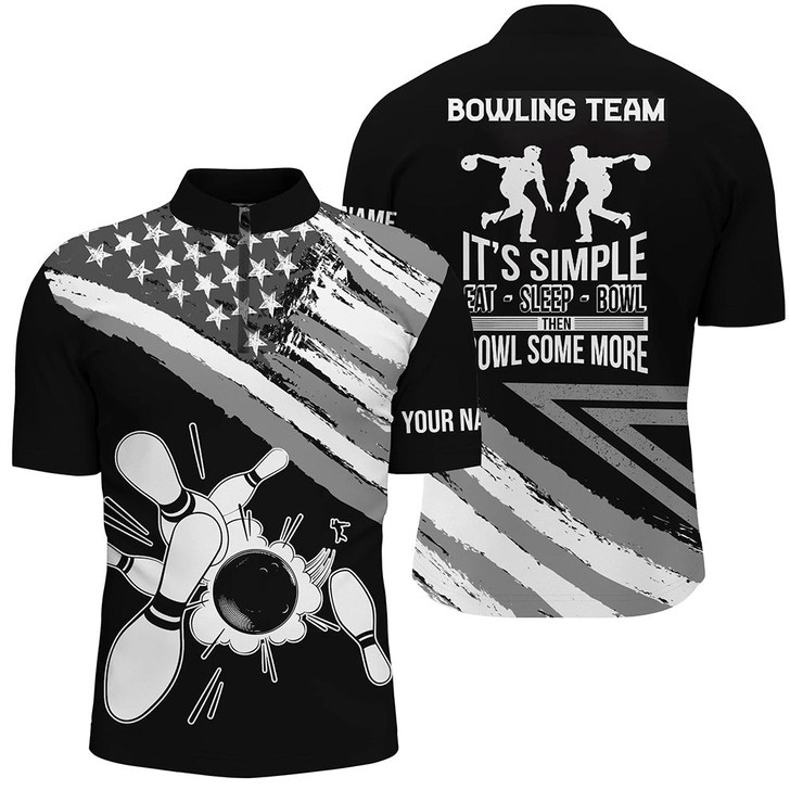 Custom Black American flag retro Men's Bowling Shirt Quarter-Zip Custom team bowling outfits eat sleep