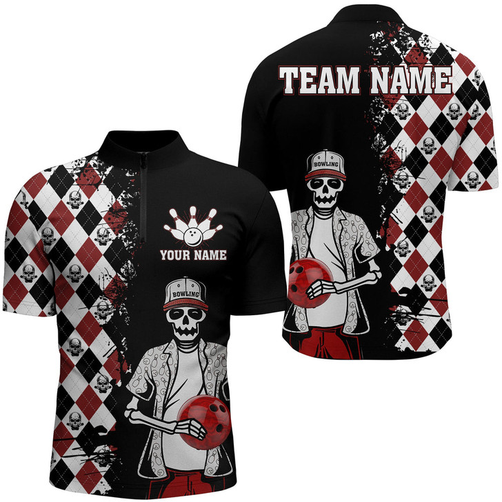 Custom Skull Bowling Shirt for Men, Quarter-Zip Shirt Personalized Name Argyle Bowling Bowler Team Jersey