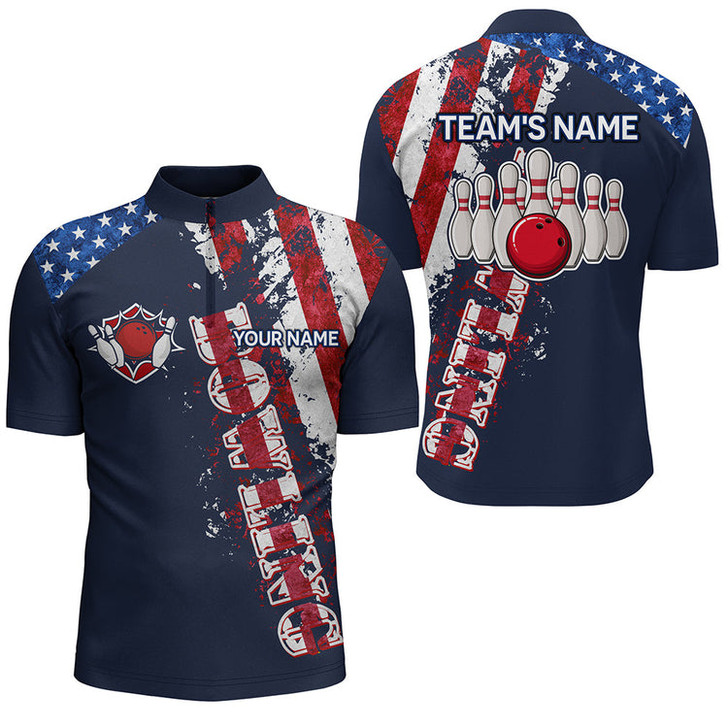 Custom Patriotic Men's Bowling Jersey Shirt, Custom Name Team Men Bowlers Jersey American Flag, Bowling Flag Shirt