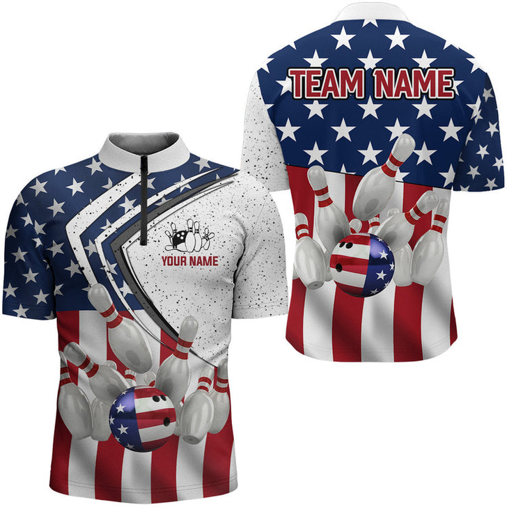 Custom Patriotic Men's Bowling Jersey Shirt, Custom Name Team Men Bowlers Jersey American Flag, Bowling Flag