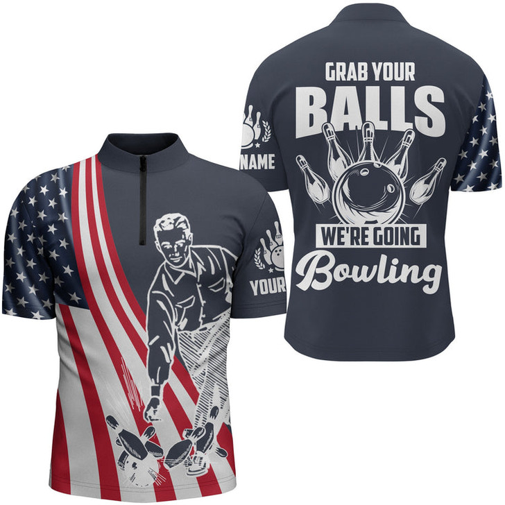 Custom Bowling shirts for men American flag patriotic Bowling Ball & Pins men Quarter Zip