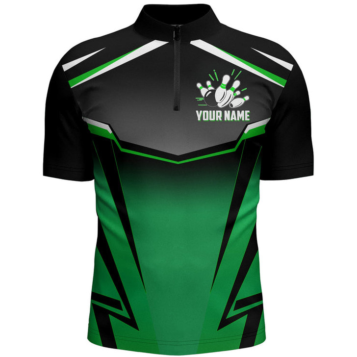 Custom Custom Bowling Shirt for Men Kingpins Green Quarter-Zip Bowling Shirt with Name, Men Bowlers Jersey