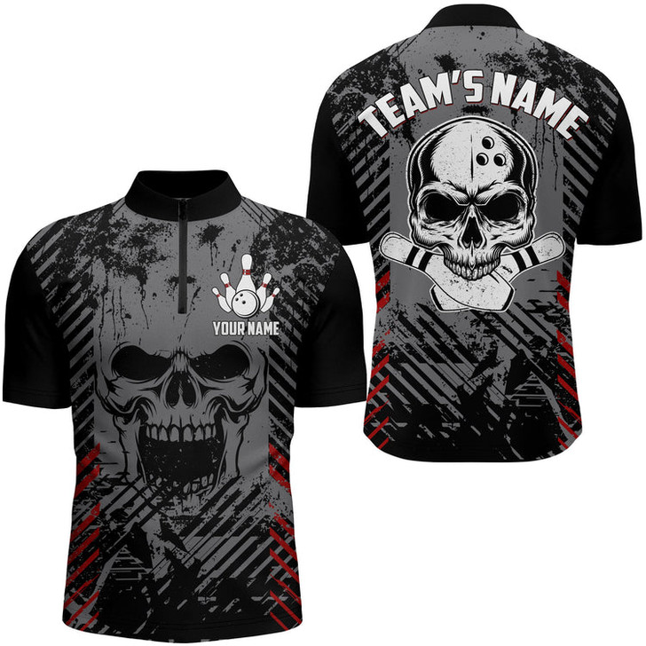 Custom Skull Bowling Quarter-Zip Shirt For Men Black Bowling Team Jersey Custom Bowling Jersey Shirt