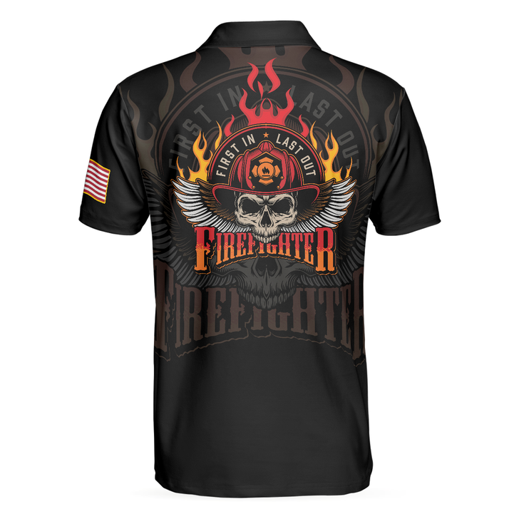 Firefighter Skull Flame Short Sleeve Men Polo Shirt, First In Last Out American Flag Firefighter Shirt For Men, Gift For Firefighter