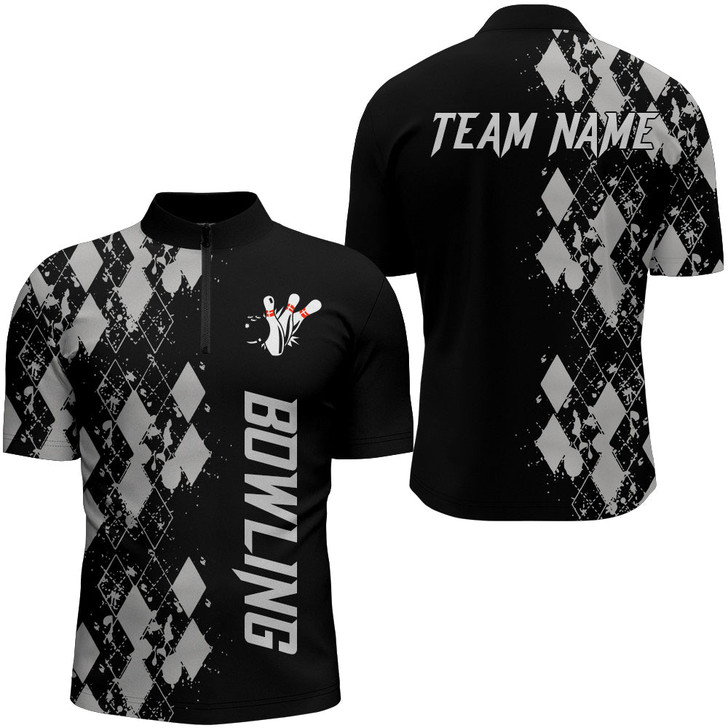 Custom Personalized Men Bowling Shirt Quarter-Zip Custom Name Argyle Pattern Bowler Team Shirt