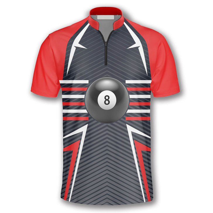 Custom Ball 8 Red Grey Custom Billiard Jerseys for Men, 3D All Over Print Billiard Jersey Shirt