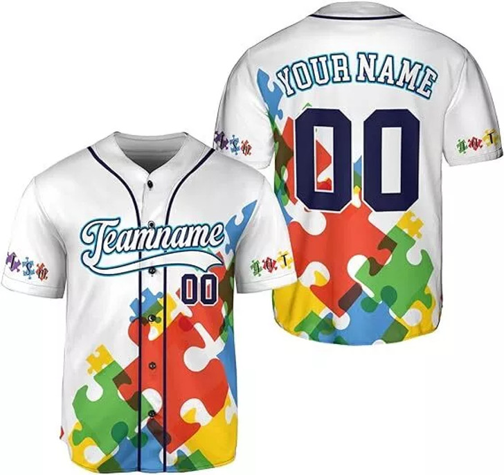 Custom Autism Awareness Jerseys Men, Puzzle Autism Baseball Jersey Puzzle Ribbon