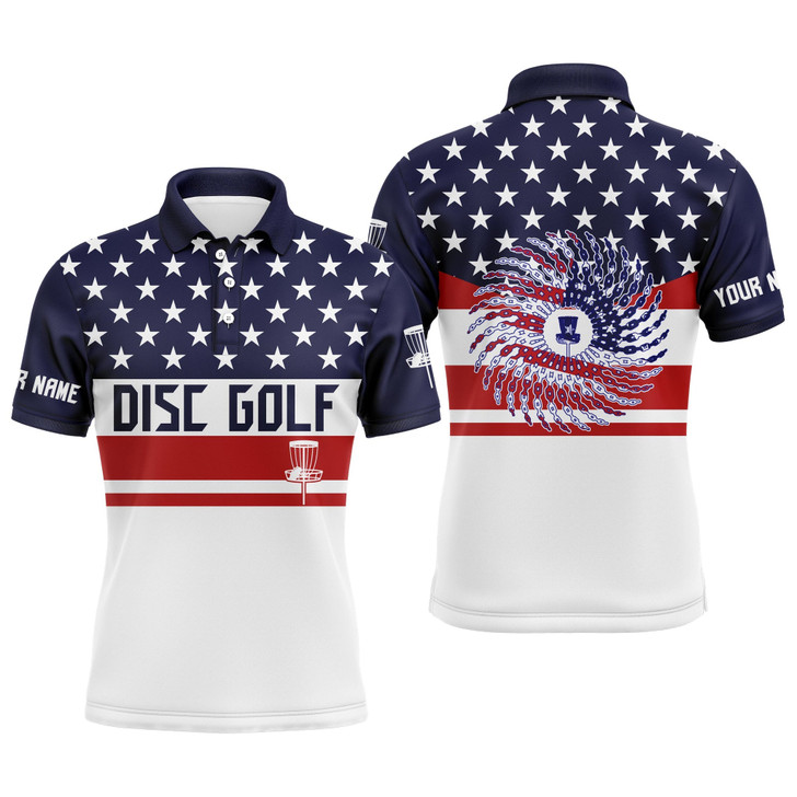 Custom Disc Golf Men Polo Shirt - Custom Name American Flag Patriot Apparel - Personalized Gift For Disc Golf Lover, Men, Husband, Team