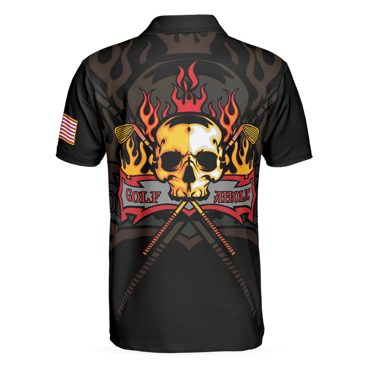 Golf Flame Skull Short Sleeve Golf Men Polo Shirt, Black American Flag Golf Shirt For Men, Cool Gift For Golfers
