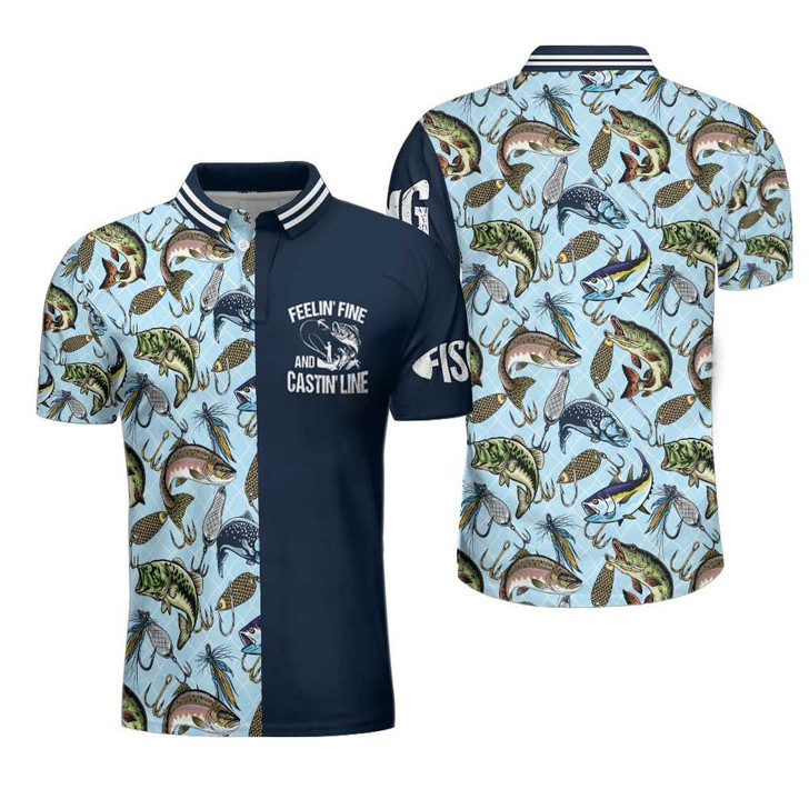 Hook And Fish Seamless Pattern Fishing Men Polo Shirt, Feelin' Fine And Castin' Line Fishing Shirt For Men, Gift For Fishing Lovers