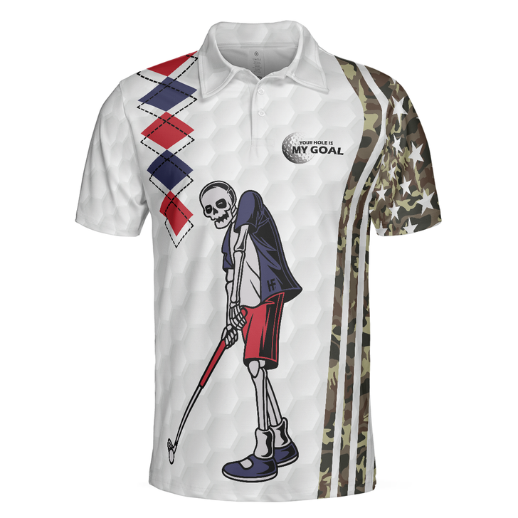 Be Skull And Goal Camouflage Men Polo Shirt, Your Hole Is My Goal Stripes Pattern Shirt, Camo Golf Shirt For Men